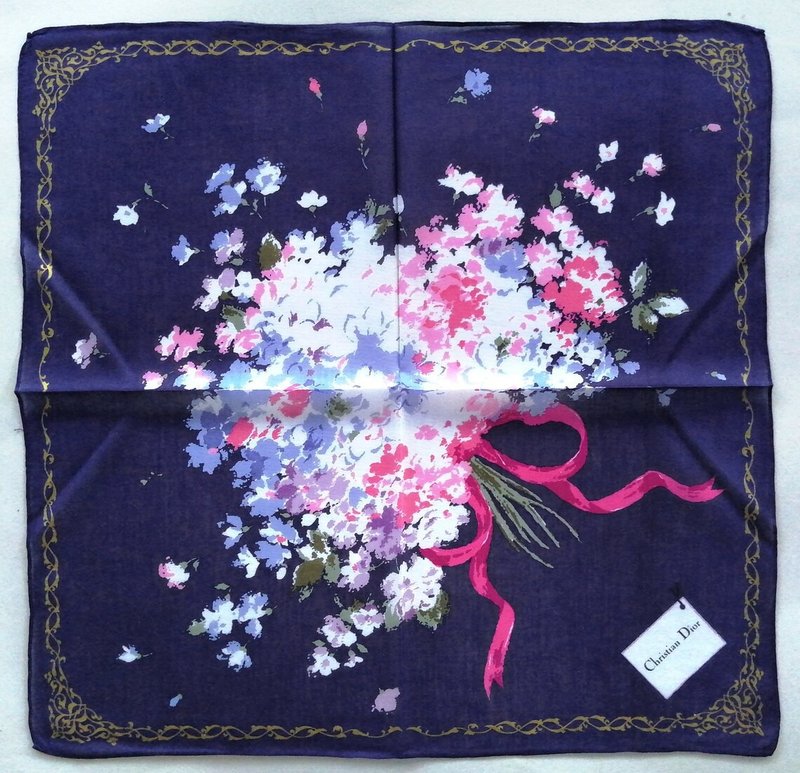 Christian Dior Vintage Handkerchief Floral Bouquet 18 x 18 inches - 手帕 - 棉．麻 藍色