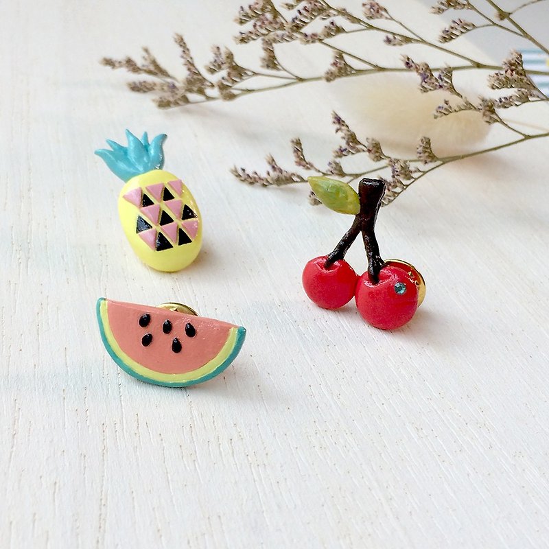 Mixed Fruit collection! Pineapple pin, Cherry pin, Melon pin, Fruit pin - Brooches - Clay Multicolor