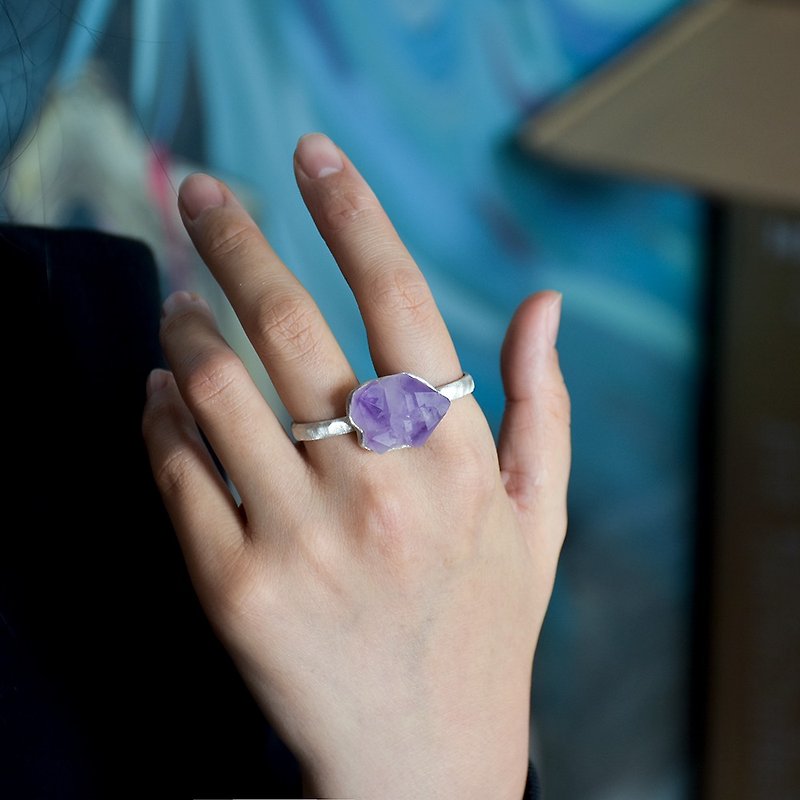 原創設計紫晶原石紫水晶礦石純銀連指戒指 港碼15-18#可戴 - 戒指 - 水晶 紫色