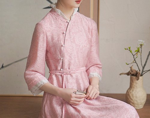 初蟬 新中式 改良旗袍氣質粉色收腰顯瘦提花連衣裙洋裝