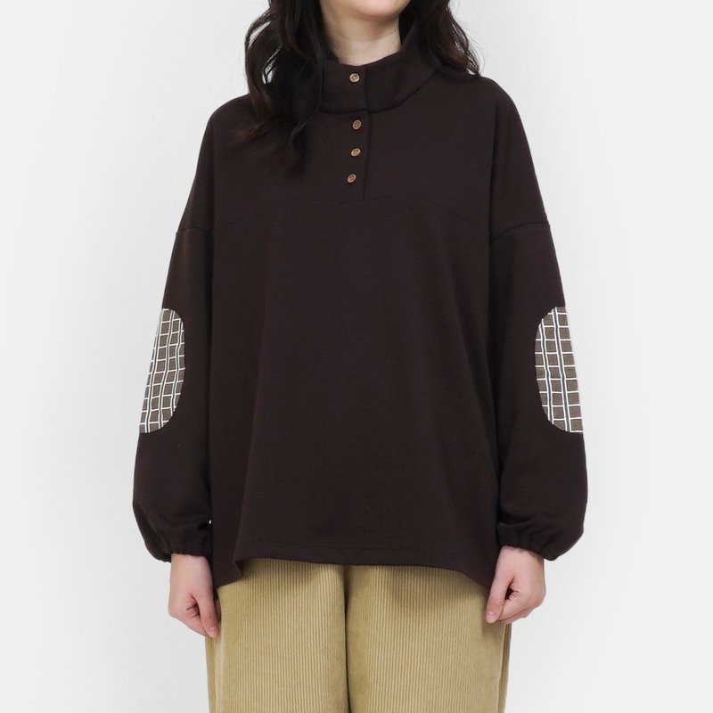 稿紙補丁立領剪裁上衣-深咖啡色 - 女上衣/長袖上衣 - 其他材質 咖啡色