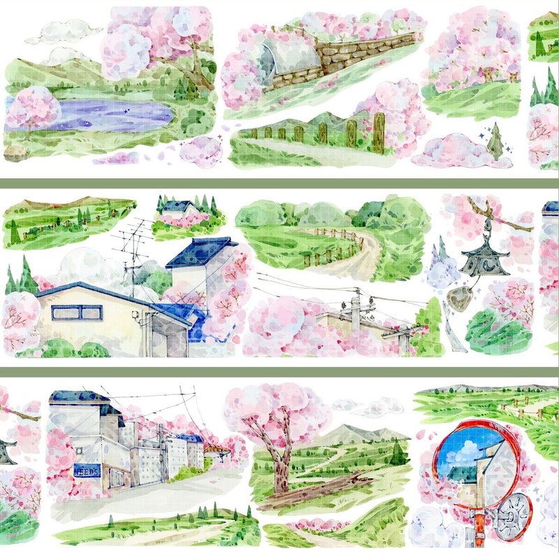 Spring Cherry Field PET Washi Tape Glossy Side - สติกเกอร์ - วัสดุอื่นๆ หลากหลายสี