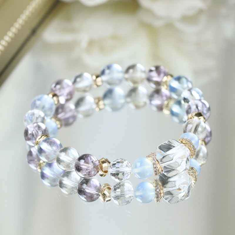 Aquamarine Amethyst Silver Hair Crystal Irregular White Crystal Noble Wisdom and Health 8mm Crystal Bracelet - Bracelets - Crystal White