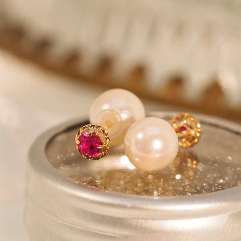 18K金紅寶石和珍珠耳環18K Gold Ruby and Akoya Pearl Earrings - 耳環/耳夾/耳骨夾 - 貴金屬 