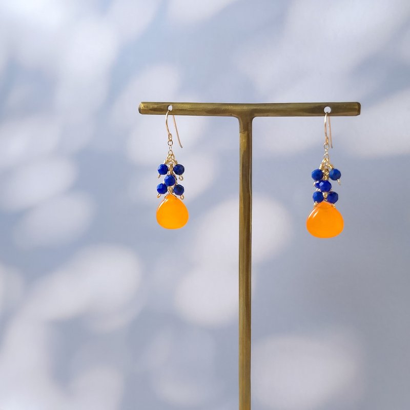 14k gold filled orange jade lapis lazuli small pierced Clip-On - ต่างหู - เครื่องประดับพลอย สีส้ม