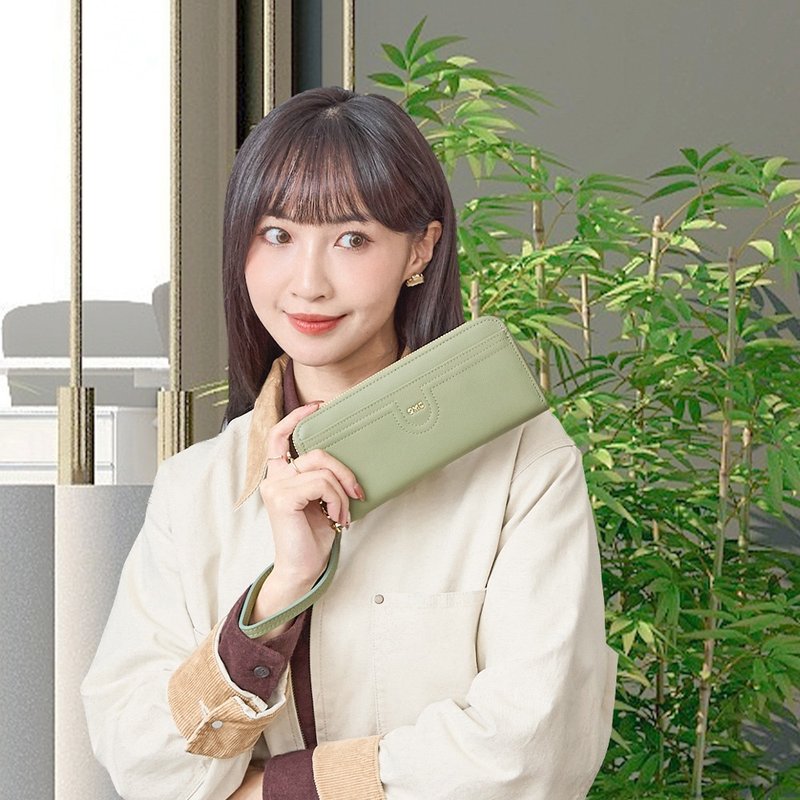 Soft Cowhide 14-Card Zip Around Wallet with Photo Slot - Style 4111 (Light Sage Green) - กระเป๋าสตางค์ - หนังแท้ 