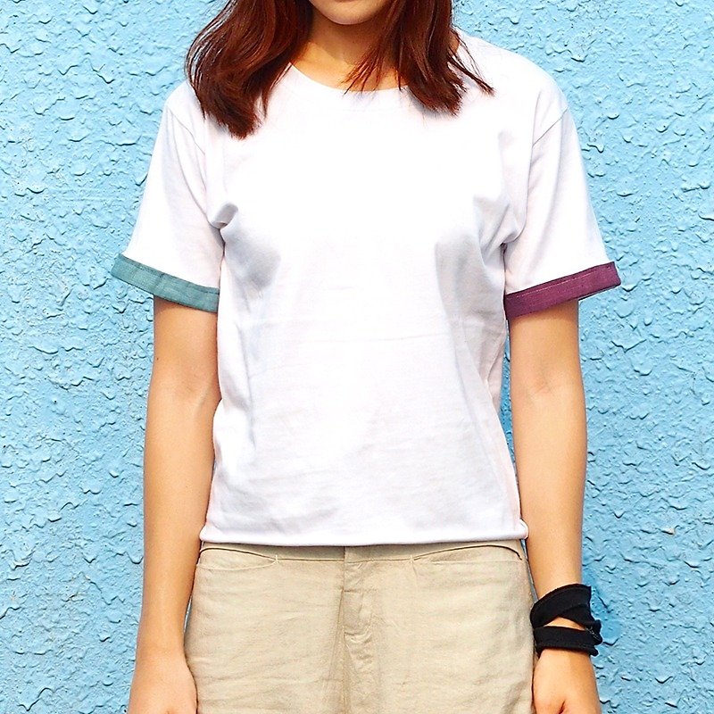 小牛村 女短袖 T-shirt 短版拼色【童趣時光】紫/湖水藍 T-18  - T 恤 - 棉．麻 白色