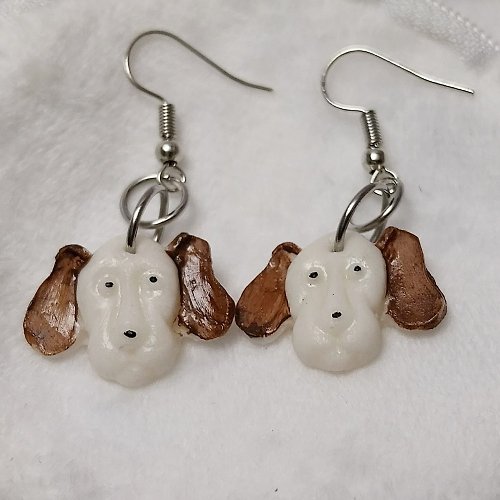 luckyhandmade246 White Brown Dog Earring Handmade Air Dry Clay Eco Friendly Stainless Hook