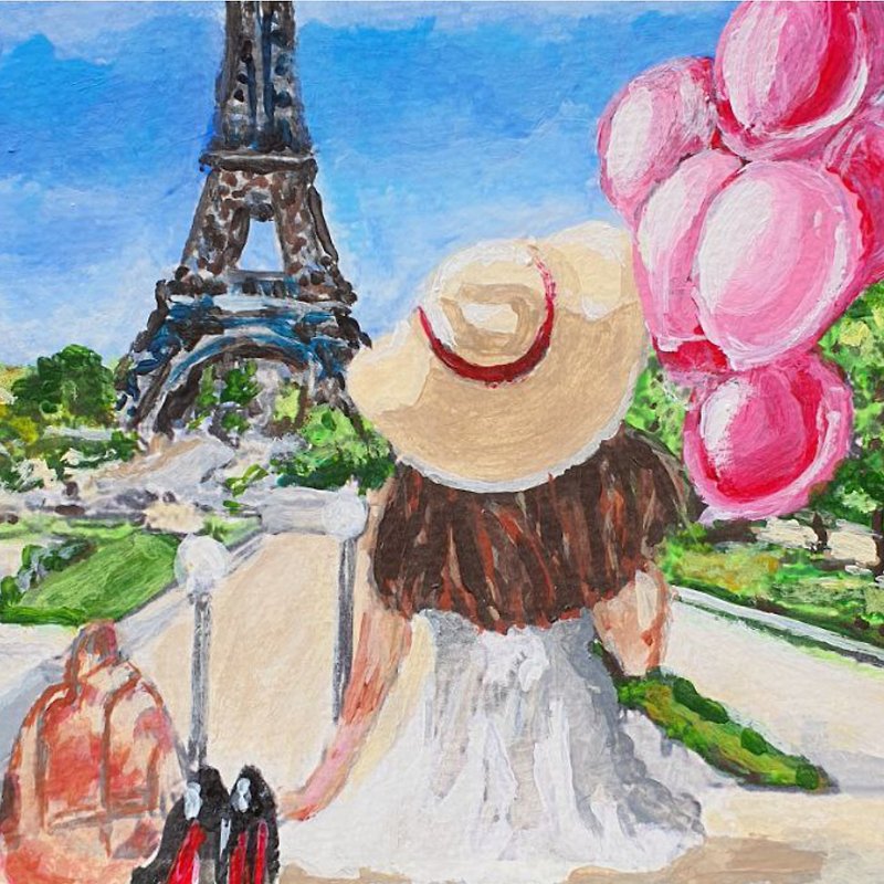 Paris Painting Eiffel Tower Cityscape Original Art Girl Figure Hat Shoes Balloon - 掛牆畫/海報 - 其他材質 