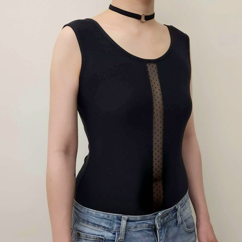 SHEER FRONT VEST TOP 點點網布拼接前中簍空上衣 - 背心/無袖上衣 - 其他材質 