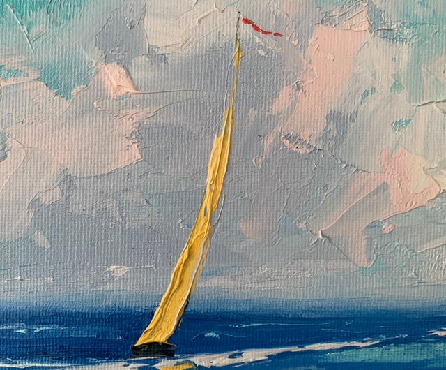 キャンバスにオリジナルの海景油絵黄色のヨットの絵画インパスト