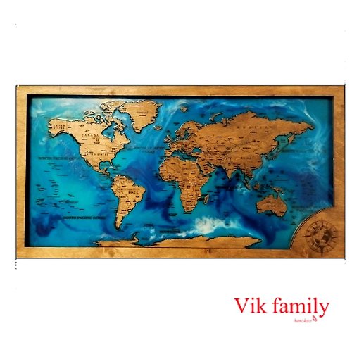 VIK-family 3D world map Epoxy LED picture, light wall lamp. Wooden wall decor with lighting