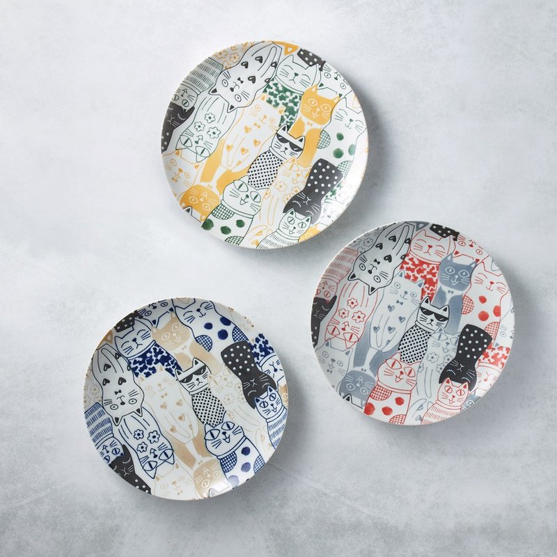 Japanese Mino-yaki - Cool Flower Cat Dinner Plate - Set of three - จานและถาด - เครื่องลายคราม หลากหลายสี