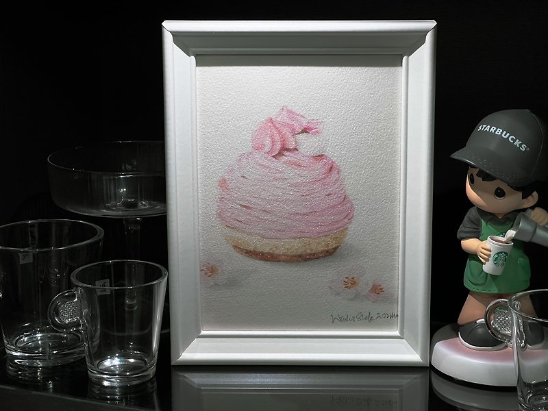 Mont-blanc Sakura dessert watercolor art/Original painting/Framed/Gift/Home deco - ของวางตกแต่ง - กระดาษ หลากหลายสี