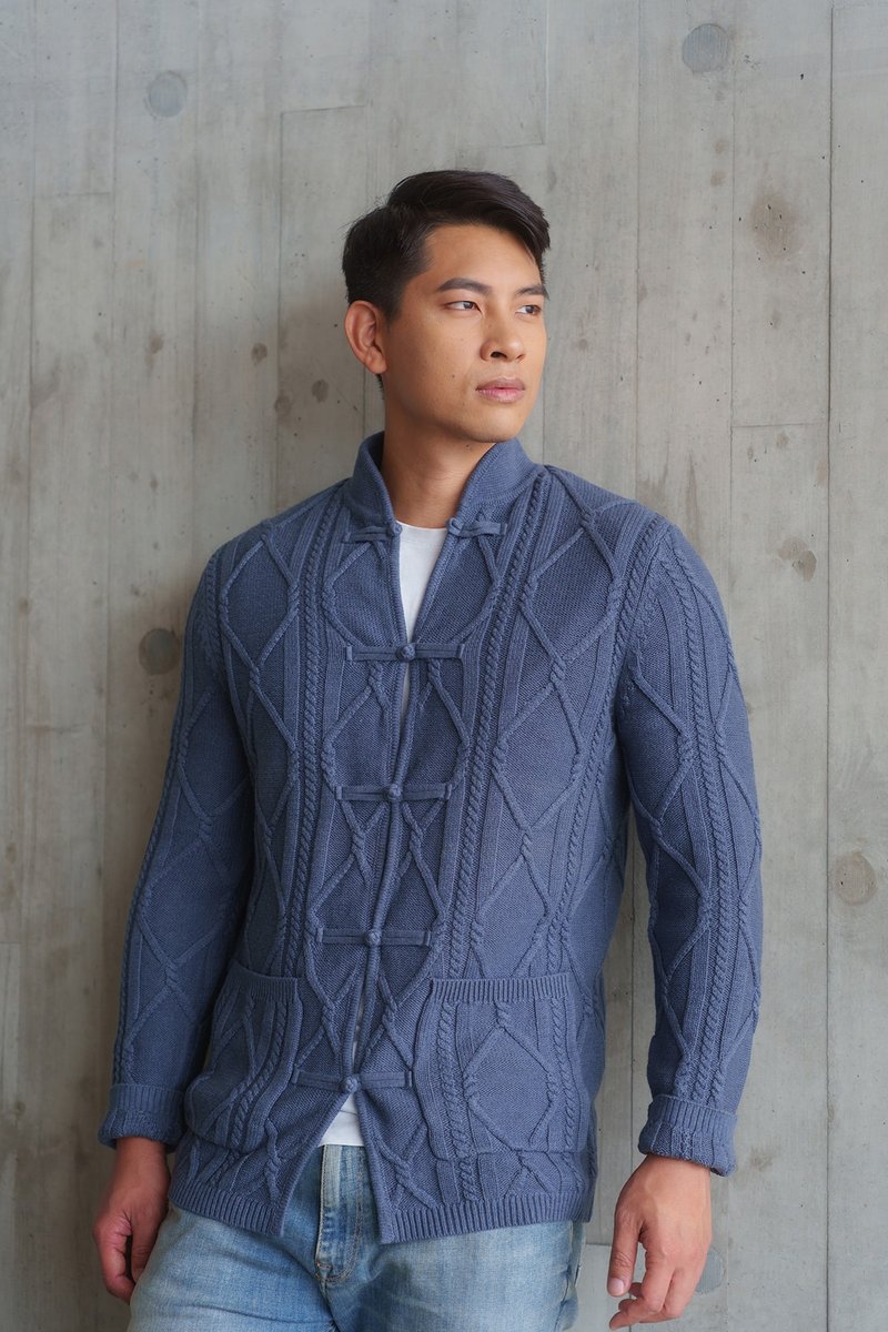 Unisex Cable Knit Tang Jacket (Medium Blue) - Men's Coats & Jackets - Wool Blue