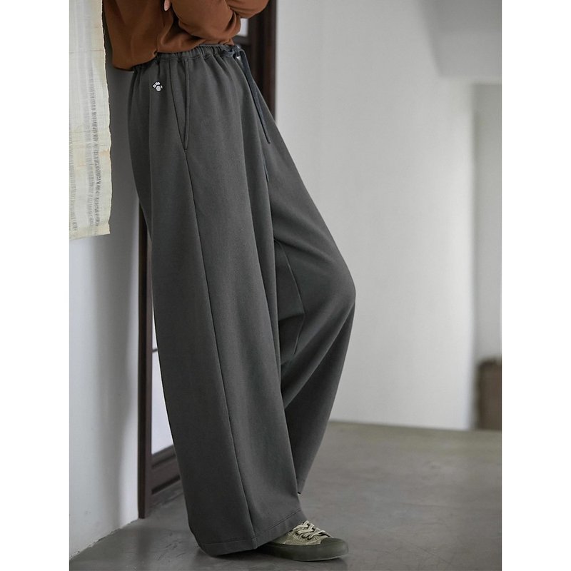 灰色棉錦雙層針織布輕中式直筒先生褲 - 女長褲 - 棉．麻 