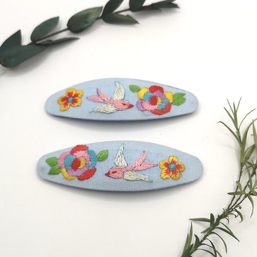 gailstudio Handmade hair clip with hand-embroidered Swallows and flowers, light blue
