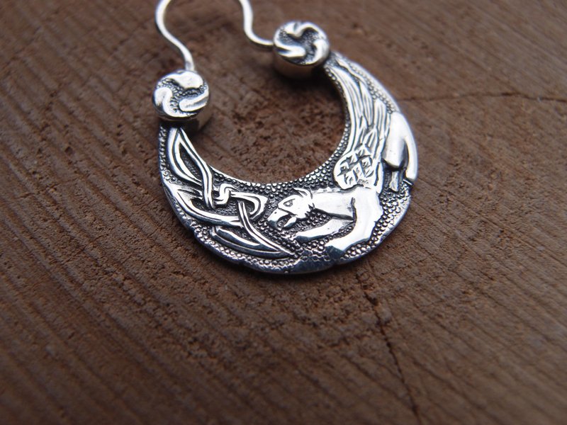 Griffin hoop earring for men Sterling silver male earring Handmade men's cossack - ต่างหู - เงินแท้ สีเงิน