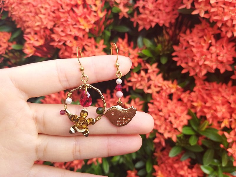 -Birds in the Rose Garden-Ancient Gold Swarovski Crystal Earrings - Earrings & Clip-ons - Rose Gold Red