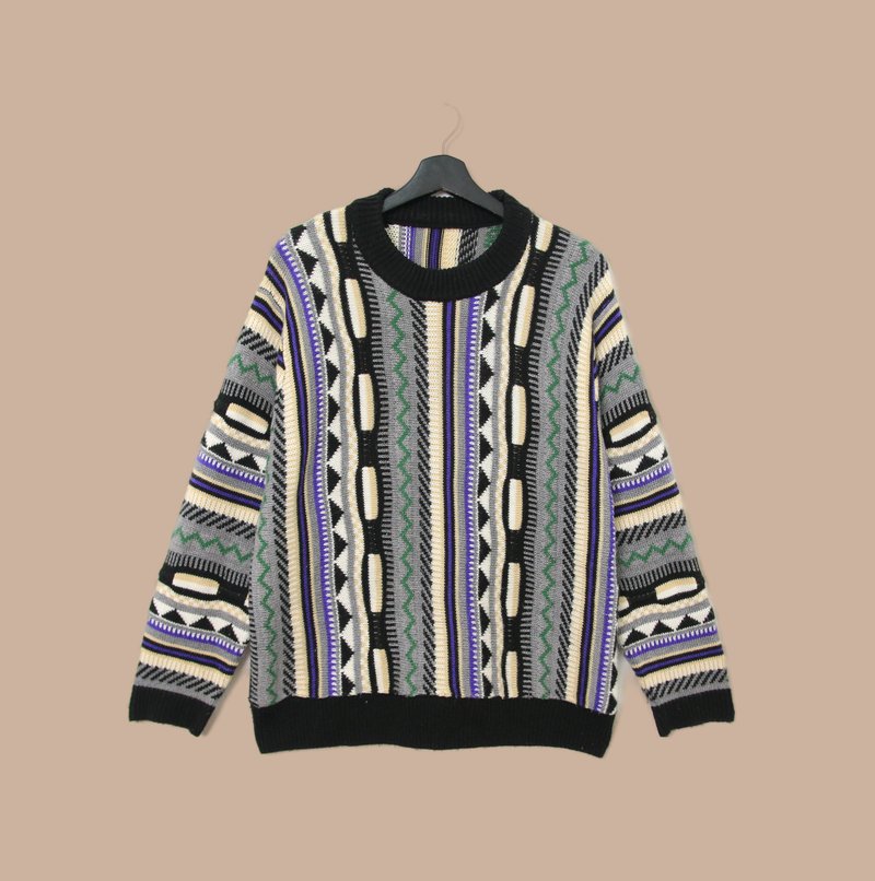 Back to Green-Vintage sweater with gray and purple lines, semi-three-dimensional vintage sweater - Men's Sweaters - Polyester 