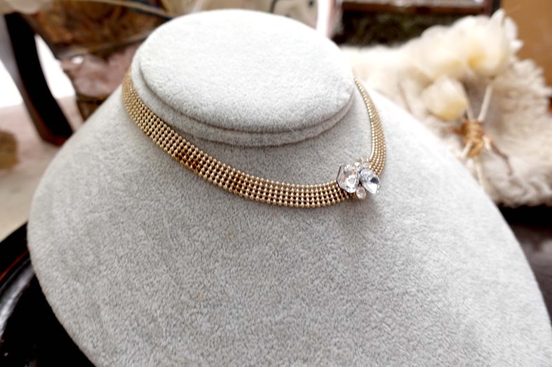 日本中古銀色閃鑽閃石水晶短頸鍊choker 高級二手古著珠寶首飾 - 項鍊 - 其他金屬 銀色