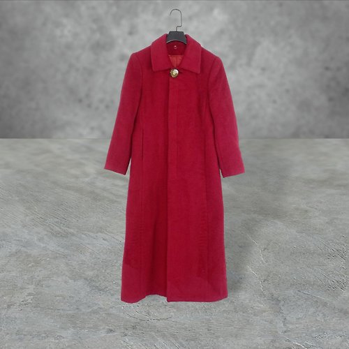 蘿綺莉蕾芭索 二手 暗紅色 毛料 略厚 口袋 窄長版 暗釦 外套 大衣 OPME25