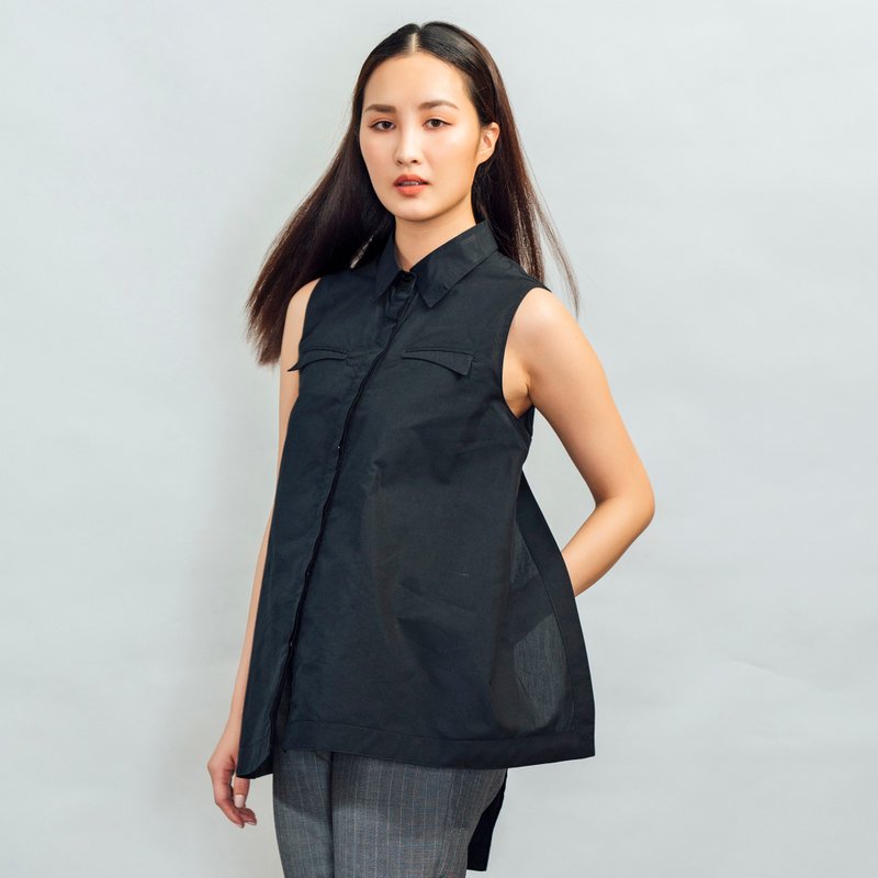 背心式襯衫_黑 - 女襯衫 - 棉．麻 黑色