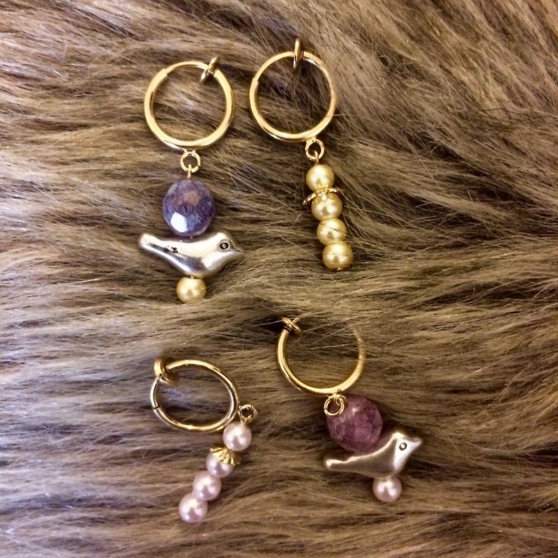 粉紫巢鳥兒耳環/對 - 耳環/耳夾 - 寶石 紫色