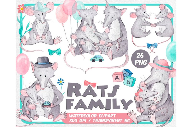 Watercolor Rats family clipart - cute kid illustration png - Illustration, Painting & Calligraphy - Other Materials Gray