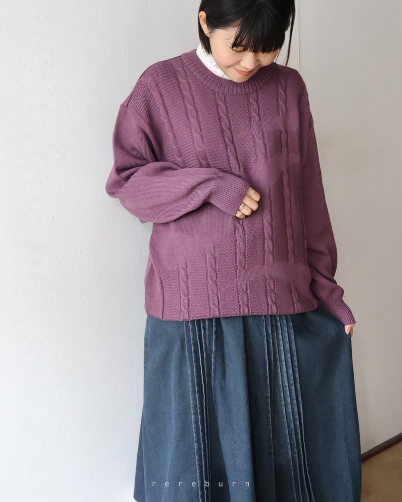 Winter retro neutral Japanese-made geometric knitted loose thin wool purple vintage sweater - Women's Sweaters - Wool Purple