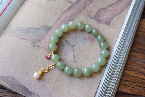 Angel's tears 天使之淚 Jewelry Design 10mm天然和田玉 /和闐玉-晴水玉 碧璽平安扣古法銀設計單圈手串