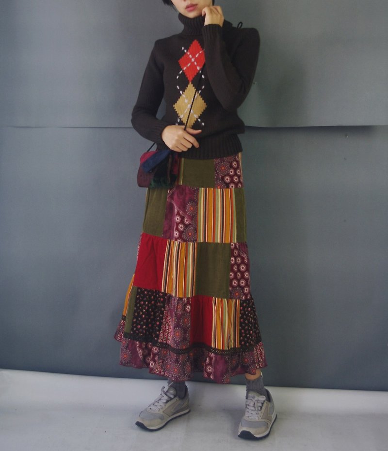 Treasure hunt vintage -90s corduroy patchwork patch cake skirt - Skirts - Cotton & Hemp 