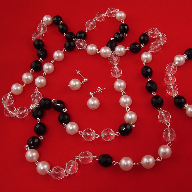 Swarovski White Pearl Black Clear Glass Necklace Bracelet Earrings Jewelry Set - Necklaces - Glass Black