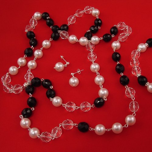 AGATIX Swarovski White Pearl Black Clear Glass Necklace Bracelet Earrings Jewelry Set
