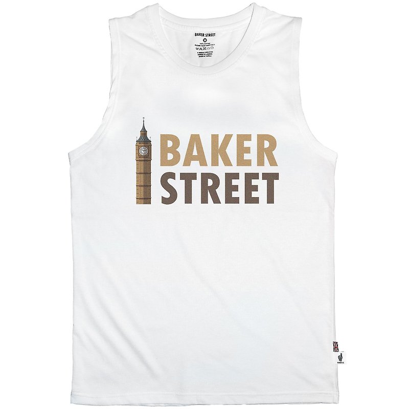 British Fashion Brand -Baker Street- Big Ben Printed Tank Top - เสื้อกั๊กผู้ชาย - ผ้าฝ้าย/ผ้าลินิน ขาว
