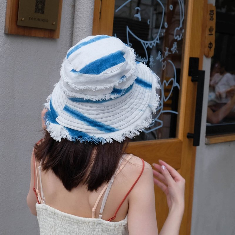 Blue-dyed beard hat indigo sun hat wide brim fisherman hat cotton bohemian Japanese style - Hats & Caps - Cotton & Hemp Blue