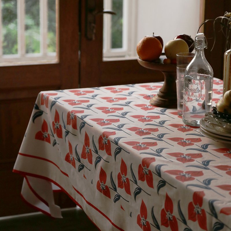 北歐復古繁花印花帆布方形圓桌茶幾蓋布長方形桌布 - 餐桌布/桌巾/餐墊 - 棉．麻 紅色