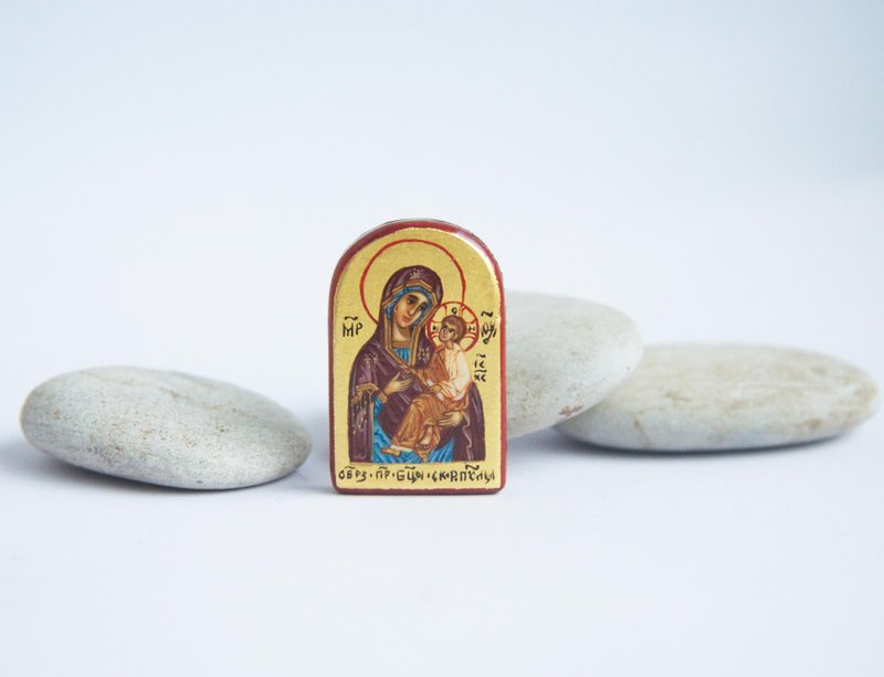 hand painted orthodox christian Virgin Mary icon, miniature religious painting - 其他 - 木頭 紫色