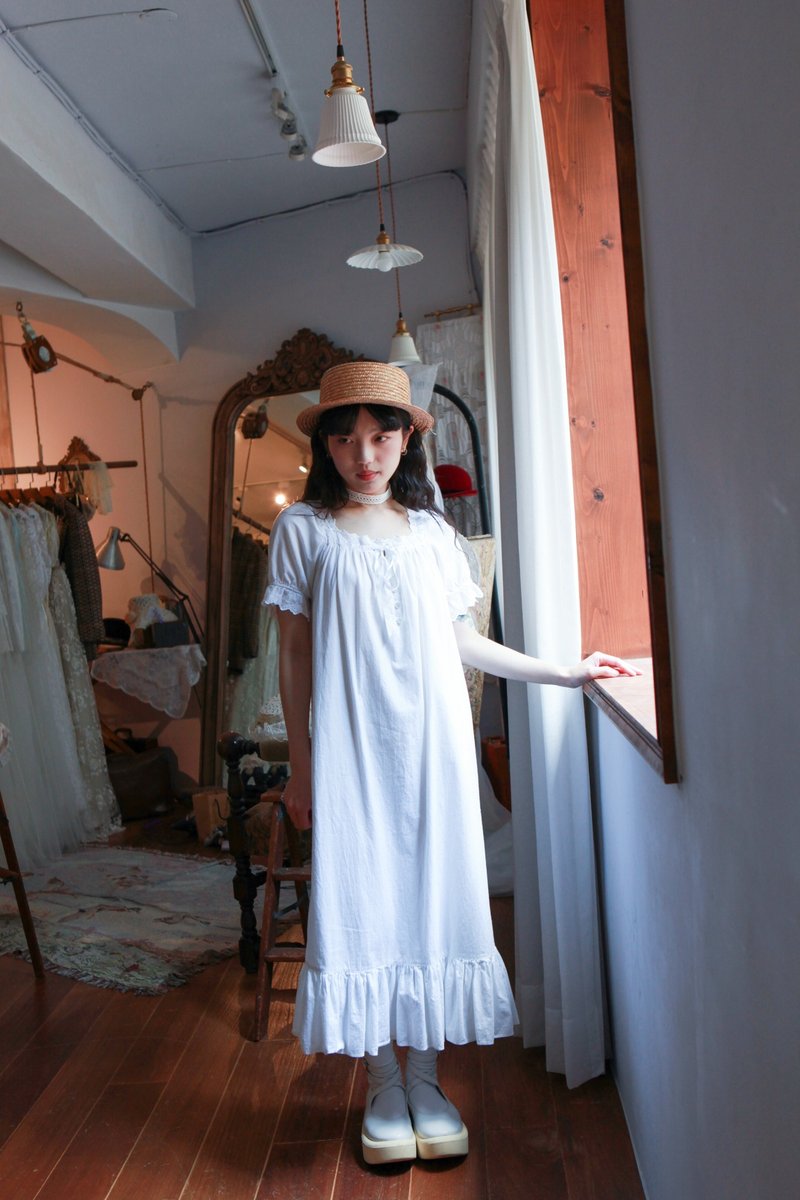 Niao Niao Department Store-Vintage Pure White Ribbon Trimmed Square Neck Dress - One Piece Dresses - Cotton & Hemp 