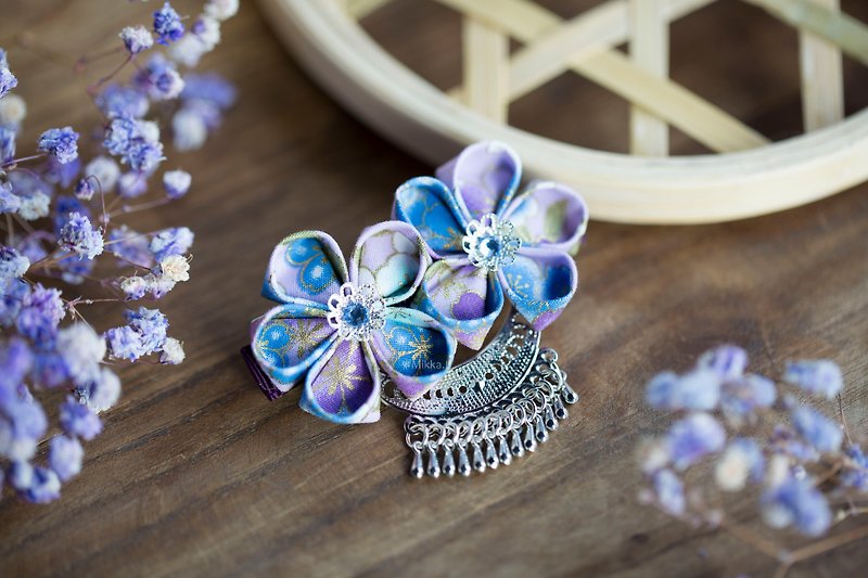 Valentine's Day gift classical style x Japanese style cloth flower plum purple blue metal short tassel hairpin - Hair Accessories - Other Metals Blue
