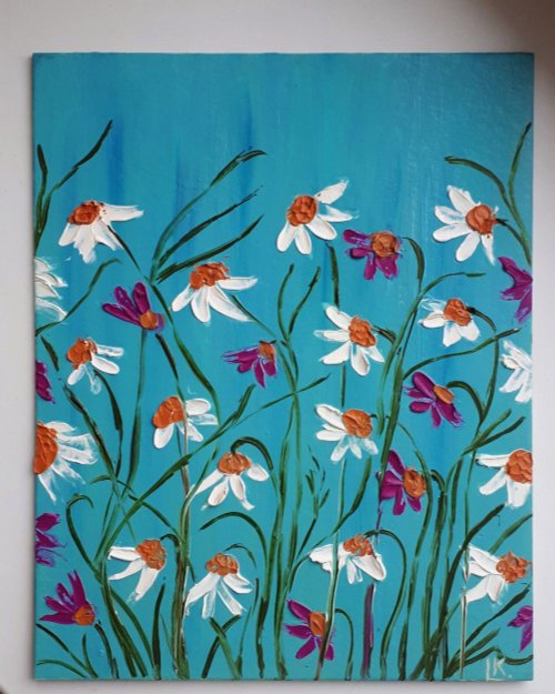 Daisy painting wildflowers original art, 3D daisies palette knife oil