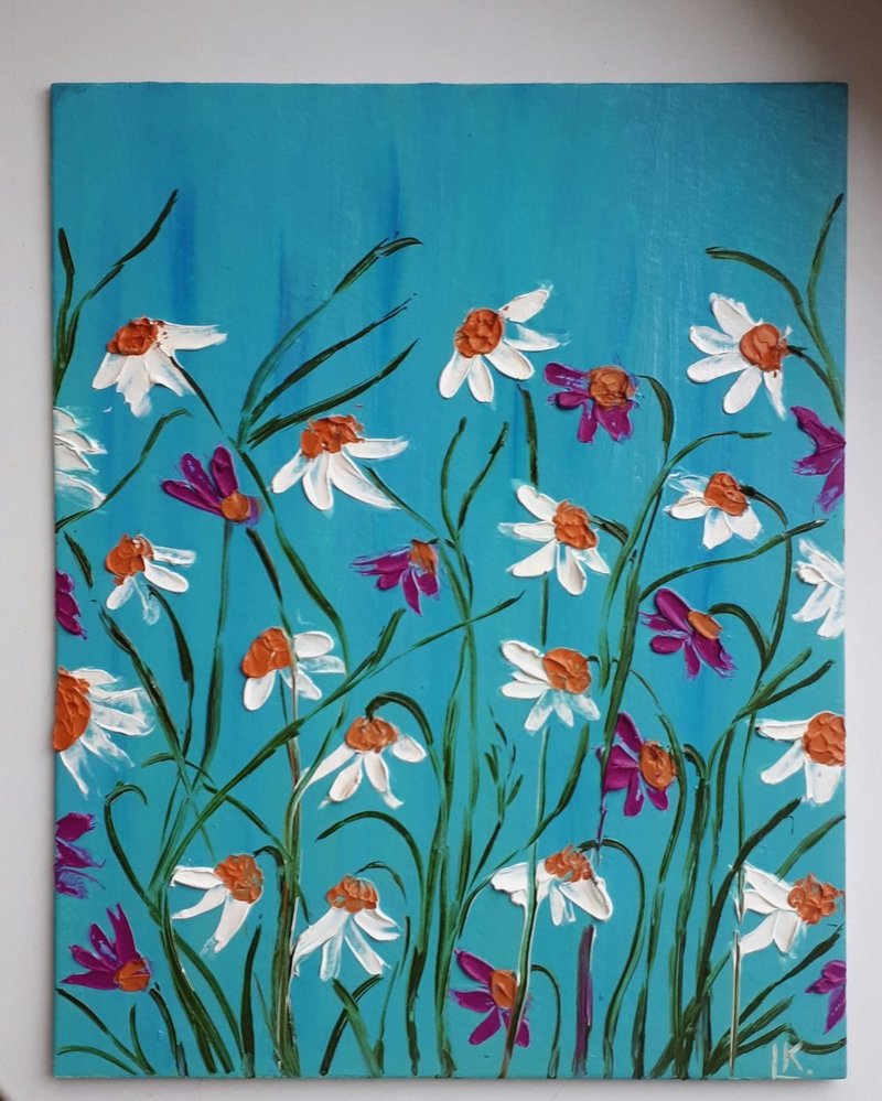 Daisy Painting Wildflowers Original Art, 3D Daisies  Palette Knife Oil Painting - ตกแต่งผนัง - วัสดุอื่นๆ หลากหลายสี