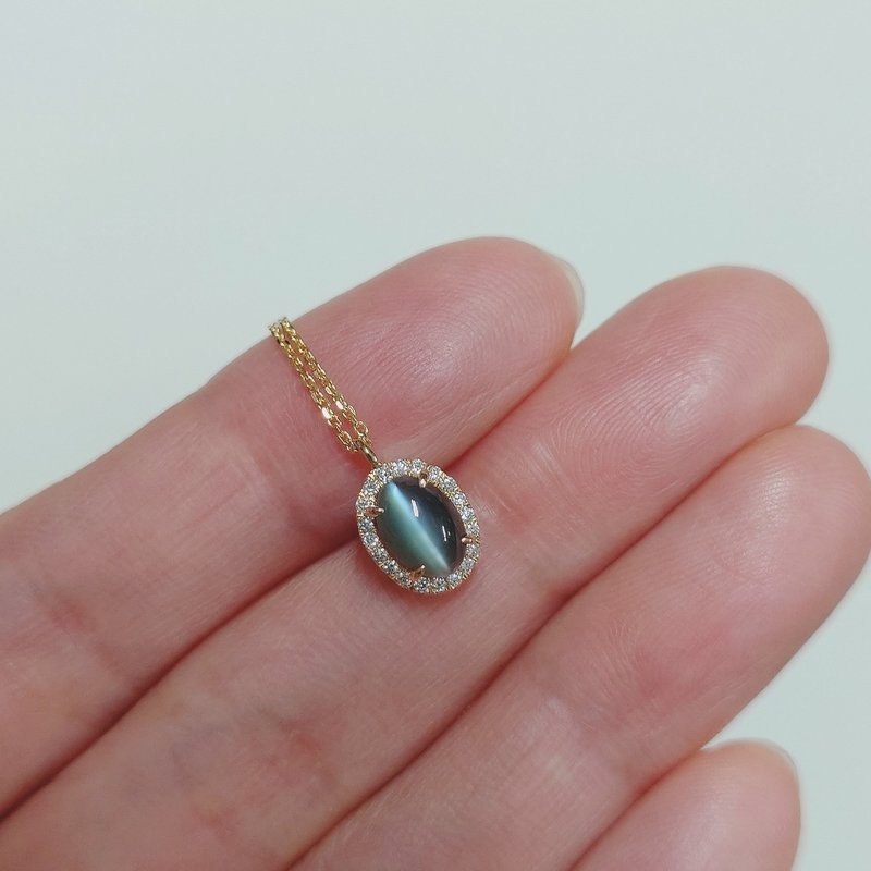 Alexandrite Cats Eye Cabochon Diamond Halo 18K Solid Gold Adjustable Necklace - Necklaces - Gemstone Blue