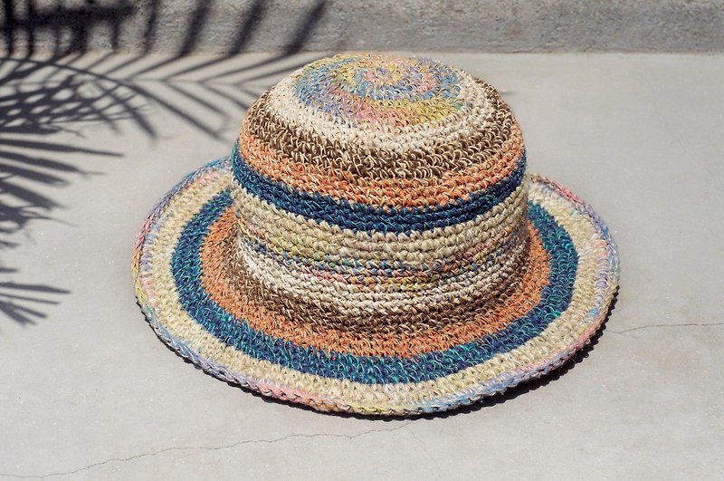 A limited edition hand-woven cotton Linen cap / knit cap / hat / visor / hat - blue color colorful forest fringe - Hats & Caps - Cotton & Hemp Multicolor