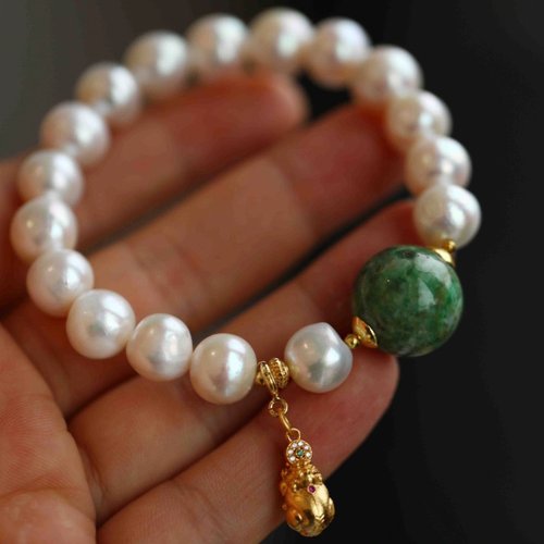 Angel's tears 天使之淚 Jewelry Design 10mm天然原色淡水珍珠 天然緬甸翡翠A貨配珠純銀貔貅設計單圈手串