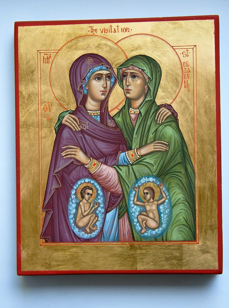 hand painted orthodox wood icon meeting Most Holy Theotokos and Saint Elizabeth - Other - Wood Gold