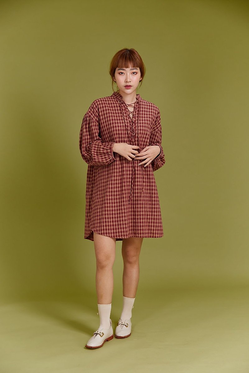 Check balloon dress (maroon) - 連身裙 - 棉．麻 紅色