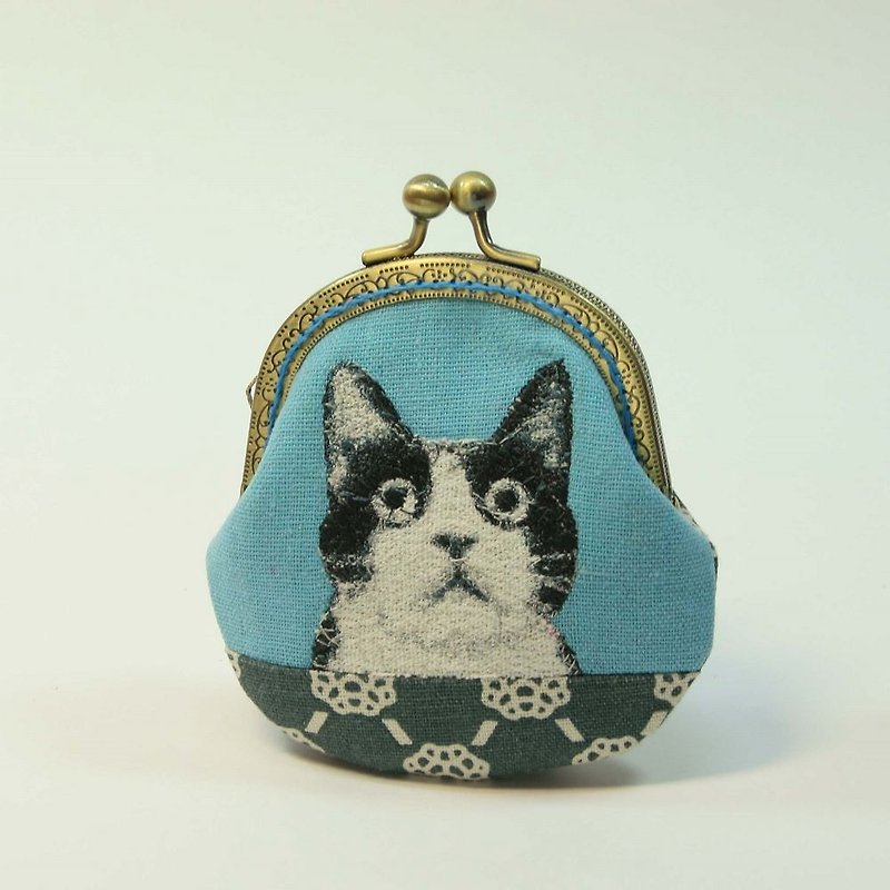 Embroidery 8.5cm Gold Coin Purse 23 - Black and White Cat - Coin Purses - Cotton & Hemp Blue