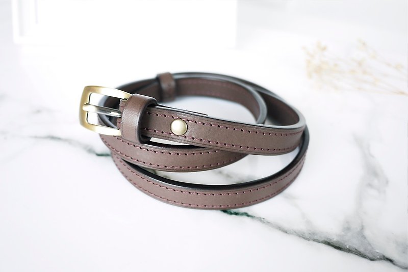 CHI02 Simple Leather Belt 15mm Belt - เข็มขัด - หนังแท้ สีนำ้ตาล