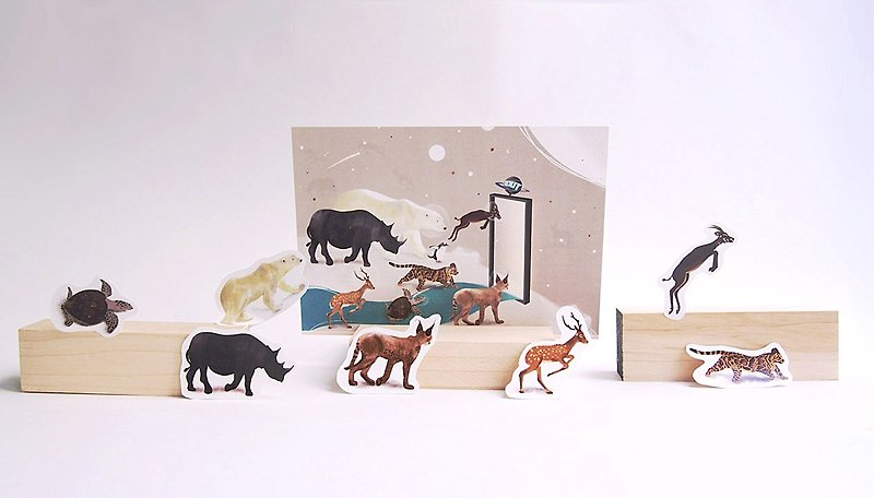 Animal illustration Postcard (1set:Postcard+Stickers) - การ์ด/โปสการ์ด - กระดาษ สีดำ